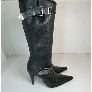 NEW Harley Davidson Womens 7.5 Black Leather Heeled Boot Mesh Buckles Cone Heel
